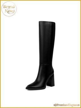 Women's Knee High Pointed Toe Chunky Heel Platform Boots Side Zip Faux Leather